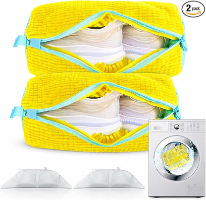 Shoe Washing Machine Bags, 2-Pack – 360° Deep Cleaning, Protects Shoes & Washer, Self-Locking Zipper Design, Reusable Laundry Bags for Washing Two Pairs at Once (Yellow)