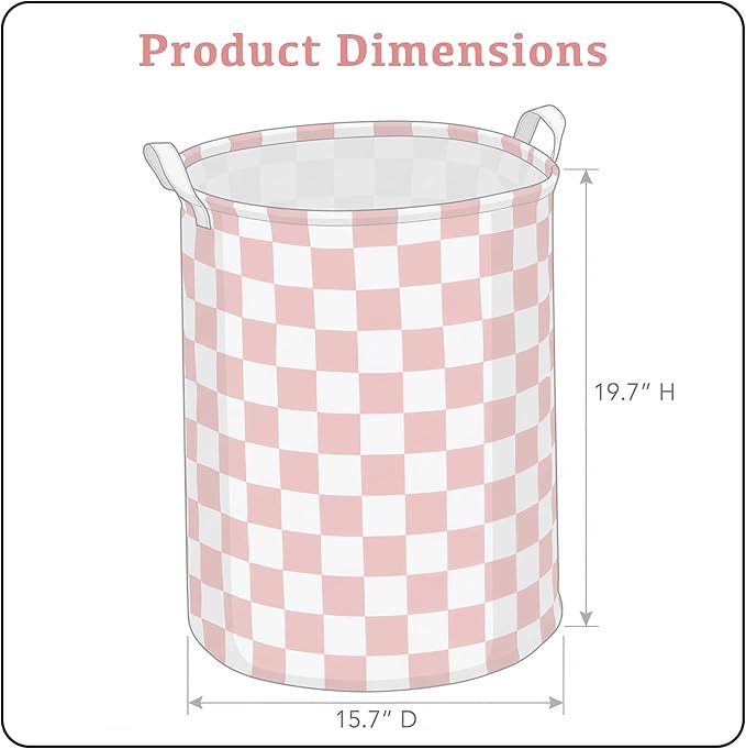 Pink Checkered Laundry Basket, Collapsible Aesthetic Cute Canvas Organizer Hamper Basket for Storage, Toy Bins, Bedroom Clothes, Children Nursery, Gift Basket