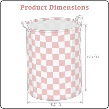 Pink Checkered Laundry Basket, Collapsible Aesthetic Cute Canvas Organizer Hamper Basket for Storage, Toy Bins, Bedroom Clothes, Children Nursery, Gift Basket