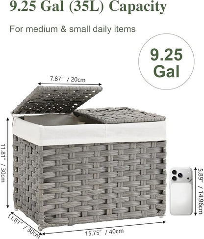 Storage Basket with Lid Woven Wicker Baskets with 2 Separate Lid, 9.2 Gallon (35 L) Wicker Storage Bins with Handles, Foldable and 2 Removable Liner Bags for Bedroom, Laundry Room Gray