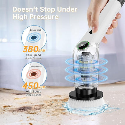 Electric Spin Scrubber, Cordless Shower Scrubber with 8 Scrub Brush, 2 Speed with Adjustable Extension Handle, Battery Level Display, Power Scrubber for Bathroom Bathtub Tile Floor (Black)