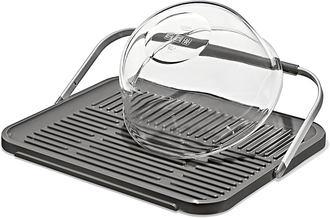 OXO Good Grips Compact Drying Rack with Dish Rest, Aluminum Folding Dish Drying Rack for Glassware and Cookware, Drain Board with Non-Slip Feet for Countertop or Kitchen Sink