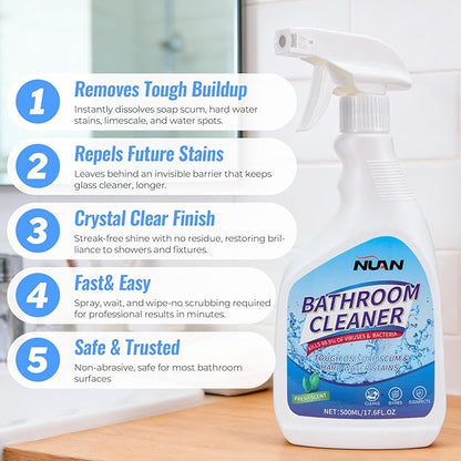 NUAN Bathroom Descaler Foam Cleaner, Hard Water Stain Remover Spray for Shower, Toilet, Sink, Tile, Grout, Limescale Buildup Remover, 16.9 Fl Oz