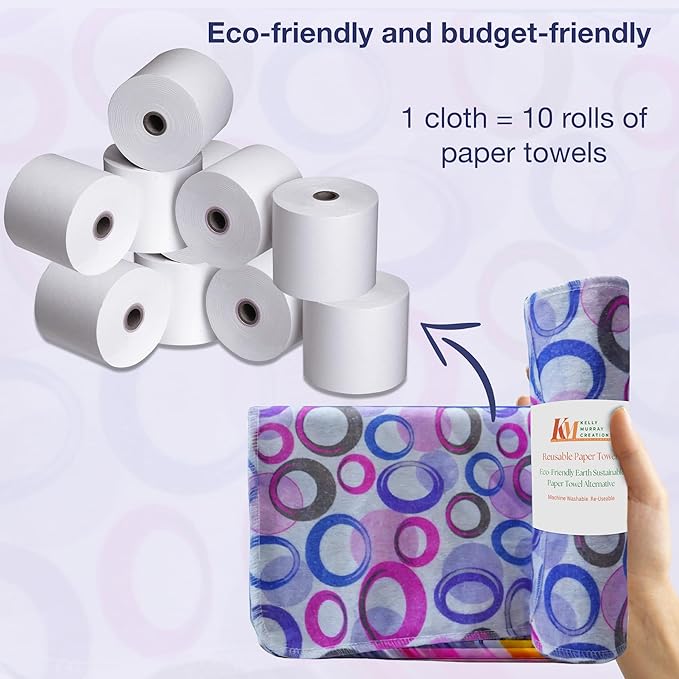 Pack of 10 Reusable Paper Towels | 10x10 Inch Cotton Towels | Kitchen Utensils Print | Eco Friendly, Washable, Quick Drying | Sustainable Cleaning Cloths | Purple Blue