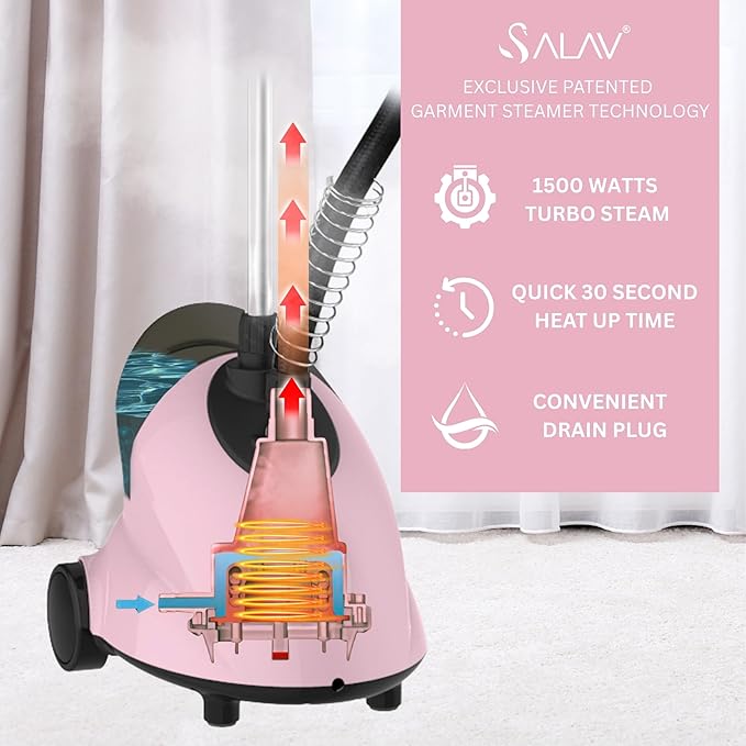 SALAV GS18-DJ Standing Garment Steamer with Roll Wheels for Easy Movement, 1.8L Water Tank for 1 Hour Continuous Steaming, Adjustable Pole for Storage, Includes Descaler Packet, 1500 watts - Pink