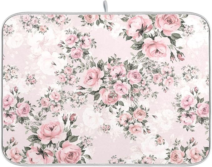 Floral Pink Roses Bouquets Dish Drying Mat for Kitchen Counter Absorbent Microfiber Drying Pad, Medium 16x18 in