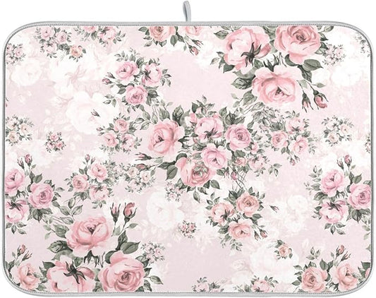 Floral Pink Roses Bouquets Dish Drying Mat for Kitchen Counter Absorbent Microfiber Drying Pad, Medium 16x18 in
