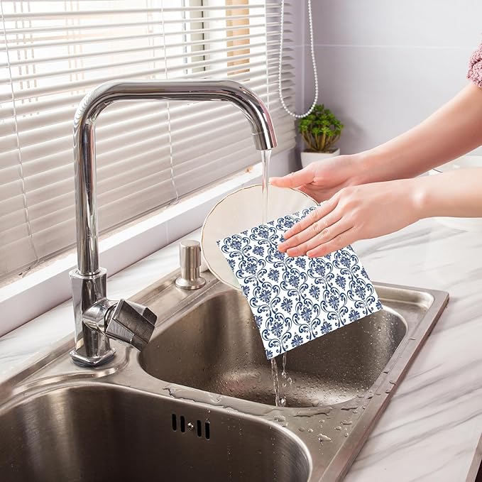 Blue Floral Swedish Dishcloths for Kitchen, 6 PCS Blue White Flower Reusable Dish Cloth, Absorbent Sponge Dish Towels for Kitchen Cooking Farmhouse Home Decoration Housewarming Gifts