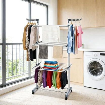 Foldable Clothes Drying Rack, 4 Tier Metal Clothes Rail with Wheels 7 Windproof Hooks Clothes Horses Rack Laundry Garment Dryer Stand with 2 Side Wings Indoor, Outdoor, Bedroom, Loft (Gray)