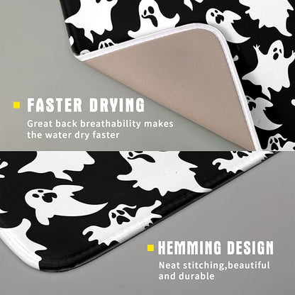 Halloween Bat Ghosts Dish Drying Mat for Kitchen Counter,Halloween Spooky Ghost Black and White Drying Mat 16 x 18 Inch Microfiber Dish Drying Pad Dish Rack Pad Drainer Mat for Coffee Bar