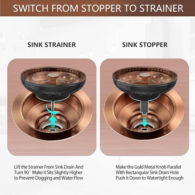 Kitchen Sink Drain Copper 3-1/2 Inch Stainless Steel Kitchen Drain Strainer Assembly Kit with Strainer Basket and Drain Stopper for Standard Sink Drains Antique Copper