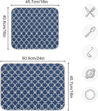 Super Absorbent Dish Drying Mat Microfiber Fast-Drying Dish Mat 24" x 18" Kitchen Dish Drying Pad Watercolor Cute Navy Blue Moroccan Mandala