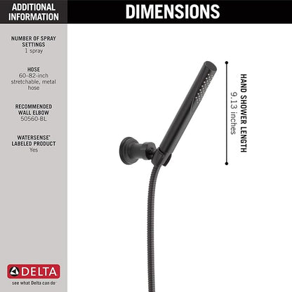 Delta Faucet Trinsic Single Spray Wall-Mount Hand Shower, Hand Held Shower with Hose, Black Handheld Shower Head, Slide Bar Hand Shower, Handheld Shower, Matte Black 55085-BL