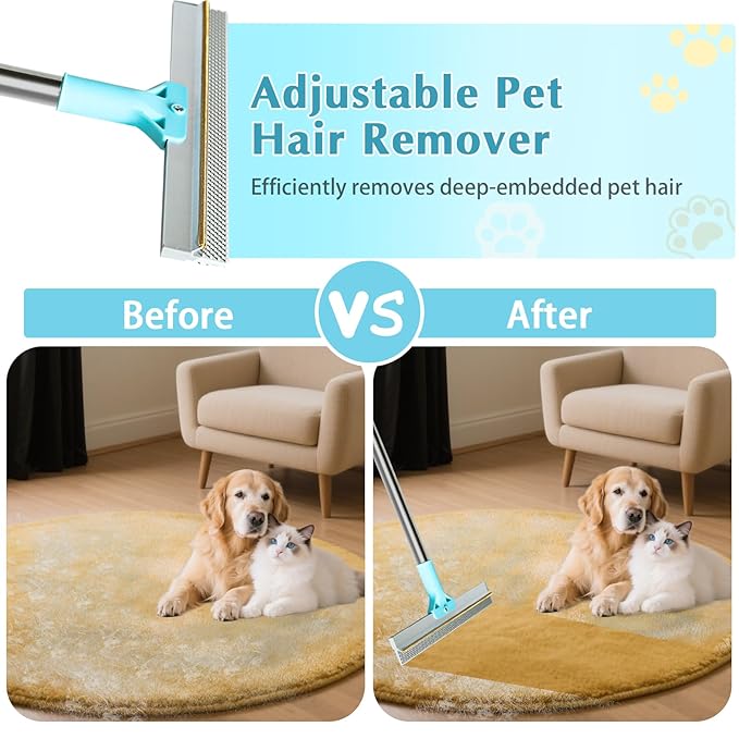 Carpet Rake for Pet Hair Removal Tool, Reusable Pet Hair Remover Broom with 54” Adjustable Long Handle, Cat Dog Hair Remover Carpet Scraper Broom with Copper Rake Teeth & TPU Brush for Rugs Mats Couch