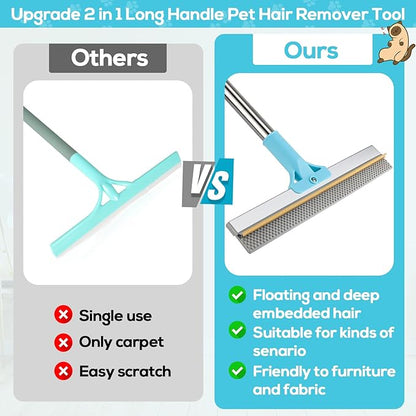 3PCS Pet Hair Removal Tool - Reusable Carpet Rake for Deep Stubborn Cleaning with Copper Head Scraper and Silicone Scraper, 52" Adjustable Long Handle Dog Hair Remover Broom for Sofa, Rugs, Couch, Car