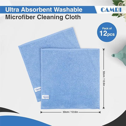 CAMRI Microfiber Towel Cleaning Cloth – Pack of 12, Size 12.6” x 12.6”, Blue, Lint Free, Super Absorbent, Streak Free, Washable, Multipurpose Cleaning Rags for Kitchen, Glass, Car, Mirror