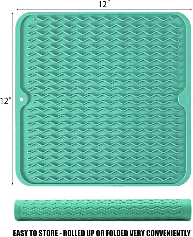 Silicone Dish Drying Mat for Multiple Usage, Easy clean, Eco-friendly, Heat-resistant Dish Drainer Mat for Kitchen Counter,Sink,Refrigerator or Drawer liner (12" x 12", Green)