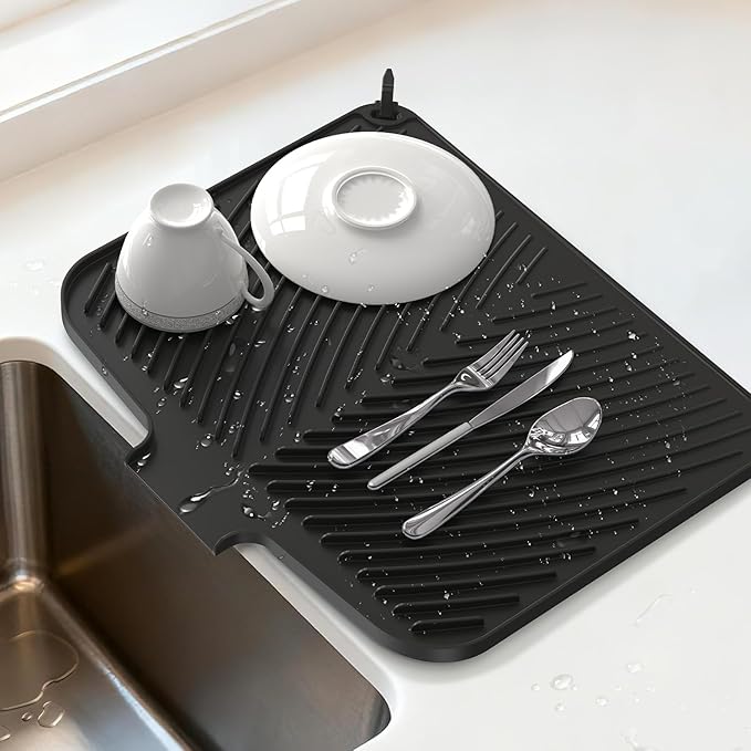 Belife Dish Drying Mat for Kitchen Counter, Silicone Dish Drainers Pad, Non-Slip Under Sink Dish Drying Rack, Heat Resistant Small Stone Drying Board (16.9" x 14.6", Black)