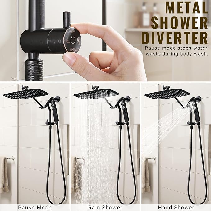 G-Promise All Metal 14 Inch Shower Head with Massage Mode Handheld, Rain Shower Head with Handheld Spray Combo, 3-Way Diverter with Pause Setting, 12 Inch Adjustable Extension Arm (Oil Rubbed Bronze)