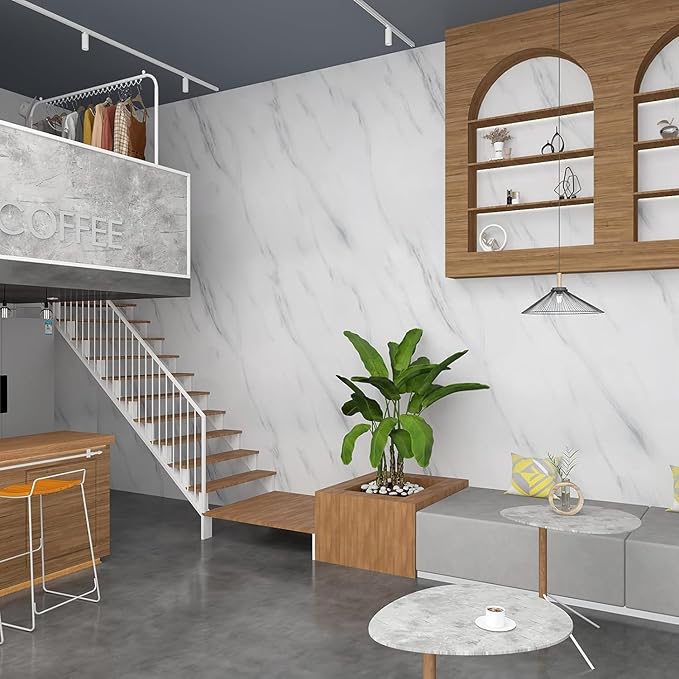 JSEVEM 16"×197" Thick White and Grey Marble Wallpaper Peel Stick Waterproof White Gray Marble Contact Paper Vinyl Glossy Self Adhesive Granite Tile Stickers for Kitchen Cabinets Bathroom Countertops