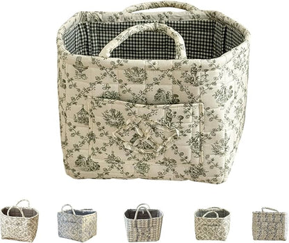 Quilted Laundry Basket with Handles,Boho Quilted Floral Storage Basket with Handles & Pocket,Foldable Cotton Fabric Organizer Tote for Car, Nursery, Laundry, Toys, Picnic, Closet (Green flowers)