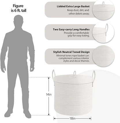 18" X 18" X 14" Extra Large White Basket with Lid, Woven Cotton Rope Basket for Blankets for Living Room, Kids Toy Storage Bin, Wicker Bathroom Towel Storage, All White Bins for Organizing