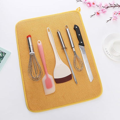 2 Pack Dish Drying Mat, Absorbent Microfiber Dishes Drainer Mats for Kitchen Counter, Small Size, 16 x 12 Inch, Reusable Dish Drying Pad with Hanging Loop (Yellow)