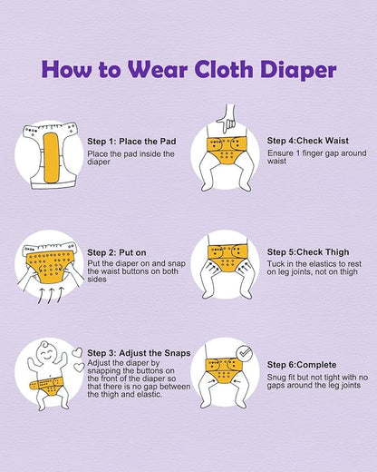 Babygoal Baby Cloth Diaper 6 Pack with 6pcs Inserts and Wet Bag for Fitted Diapers and Prefolds, Adjustable and Reusable Covers for Toddler Boys and Girls