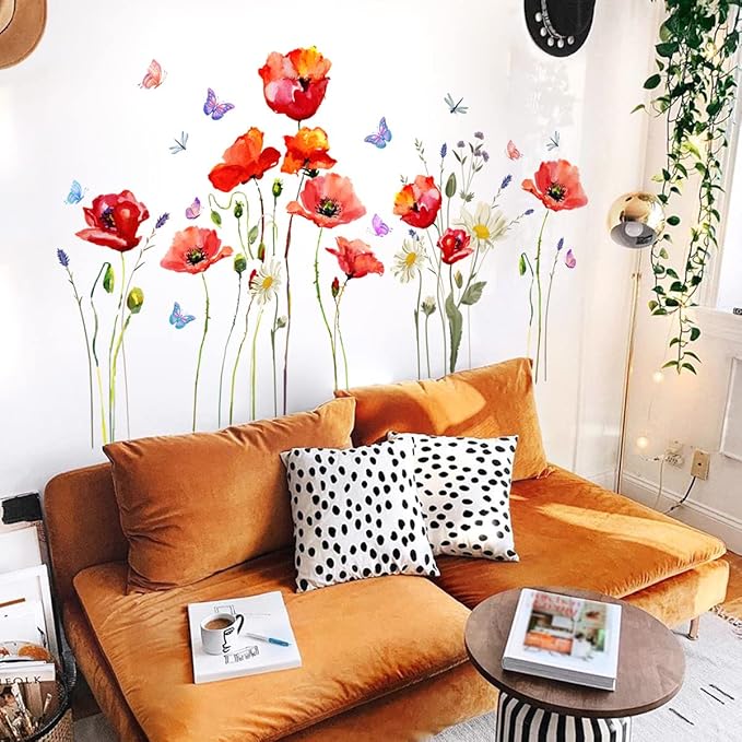 Watercolor Wall Stickers Red Flower Decal Removable Waterproof Wall Art Decor for Bedroom Living Room Offices Home Decoration