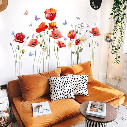 Watercolor Wall Stickers Red Flower Decal Removable Waterproof Wall Art Decor for Bedroom Living Room Offices Home Decoration