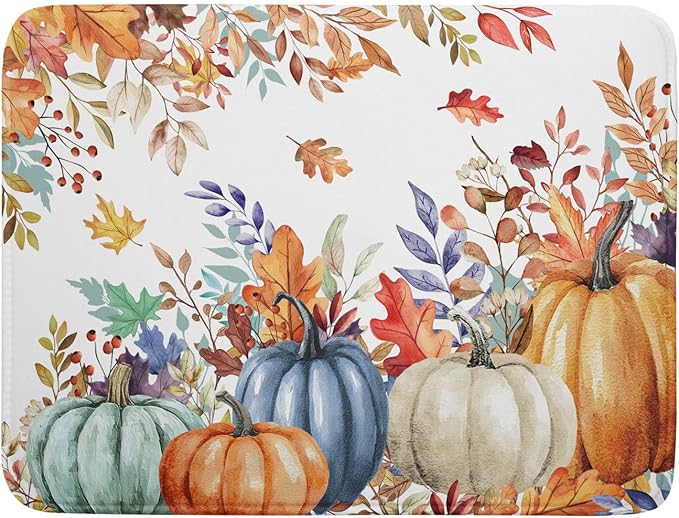 Fall Watercolor Pumpkin Dish Drying Mat 18 x 24 Inch With Absorbent Reversible Microfiber Maple Leaf Autumn Thanksgiving Harvest Drying Mats Dish Drainer Mat Fast Dry For Kitchen Dining Room Decor