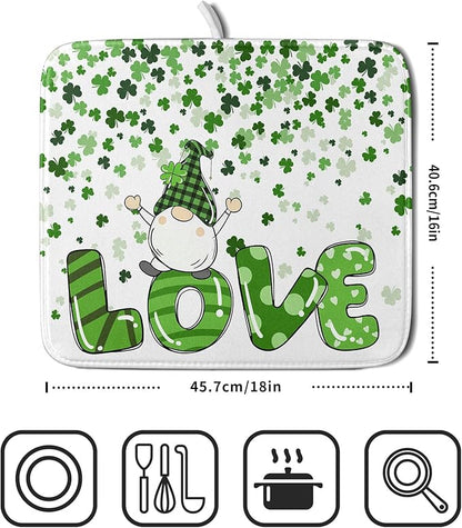 St Patrick's Day Gnomes Love Dish Drying Mat for Kitchen Counter,Green Shamrock Clovers Drying Mat 16 x 18 Inch with High Absorbent Microfiber Drainer Mat for Coffee Bar