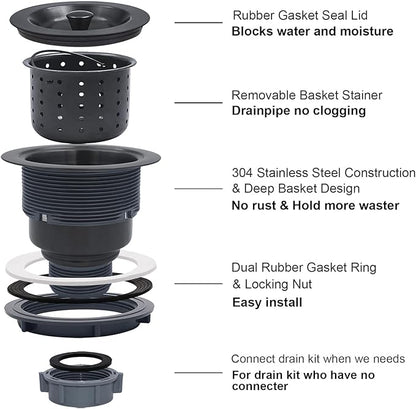 3-1/2-Inch Kitchen Sink Drain Strainer Assembly Kit Gunmetal Black, GZILA Deep Waste Basket Strainer with Sealing Lid Sink Stopper, Dark Gray 304 Stainless Steel