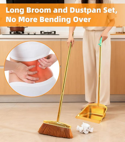 Gold Stainless Steel Broom and Dustpan Set, 2-Piece Long Handle Standing Pan with Comb Teeth, Heavy Duty Windproof Upright Design for Home, Kitchen, Indoor Outdoor Use