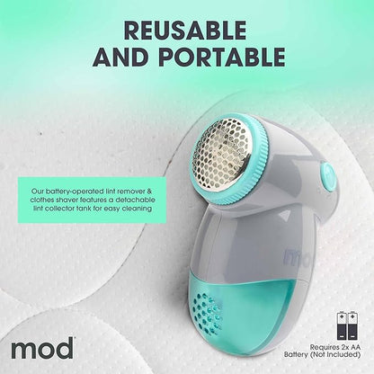 MOD 2 Pack Portable Fabric Shaver and Lint Remover, Reusable Pet Hair Remover, Lint Roller for Clothes, Sweater Shaver, Couch, Blankets with Detachable Lint Collector Tank, Battery Operated, Grey
