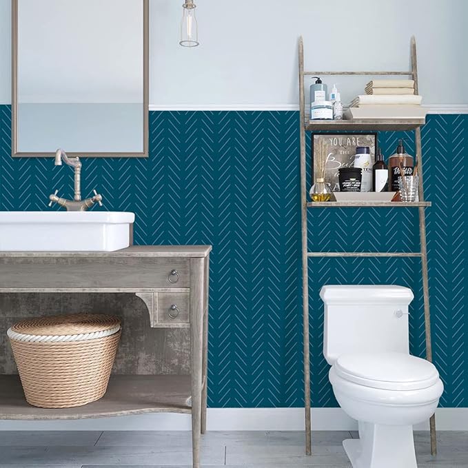 Erfoni Blue and White Peel and Stick Wallpaper Modern Herringbone Contact Paper for Bathroom 17.7inch x 393.7inch Geometric Removable Wallpaper Peel and Stick Line Self Adhesive Contact Paper
