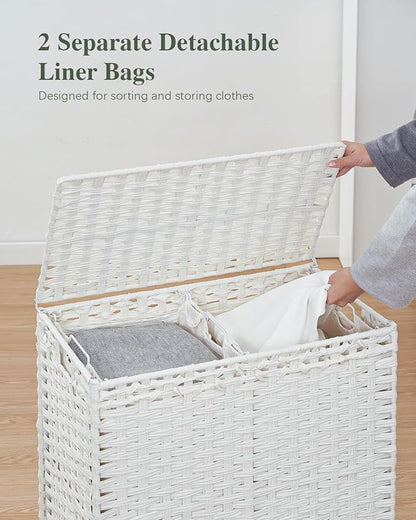 Laundry Hamper with Lid,112 L Handwoven Rattan Wicker Laundry Basket, 2 Removable Liner Bags Metal Heightened Feet,6 Mesh Bags,2 Section Large Clothes Hamper for Bathroom Bedroom, Cloud White