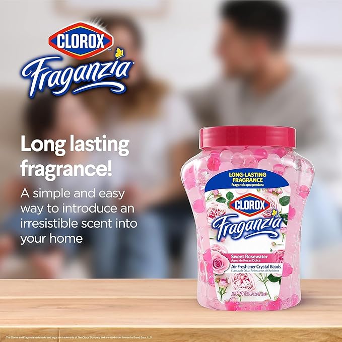 Clorox Fraganzia Crystal Beads Air Freshener, Long Lasting Room Deodorizer and Odor Eliminator Gel Beads to Freshen Home, Car, or Office, Sweet Rosewater Scent, 12 Fl Oz - 2 Pack