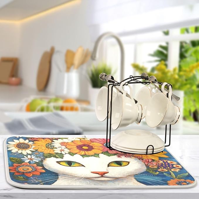 White Cat Colorful Flowers Pattern Dish Drying Mat for Kitchen Counter Super Absorbent Drying Mat 16x18 inch Large Dish Drying Matts for Countertop Protector Dishes Pad