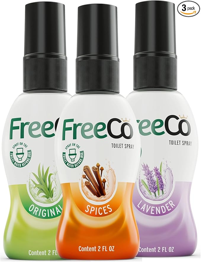 FreeCo Before-You-Go Toilet Spray | Stops Odor Before It Begins with Essential Oils | Ideal for Home, Office & Travel | Variety 3-Pack (2 fl oz Each): 1 Citrus, 1 Lavender, 1 Spice