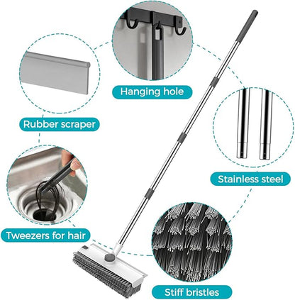 SetSail Floor Scrub Brush, 3 in 1 Floor Scrub Brush with 54-in Adjustable Long Handle and Scraper Heavy Duty Stiff Bristle Floor Scrubber for Cleaning Shower Bathroom Kitchen Patio Garage, Grey&White