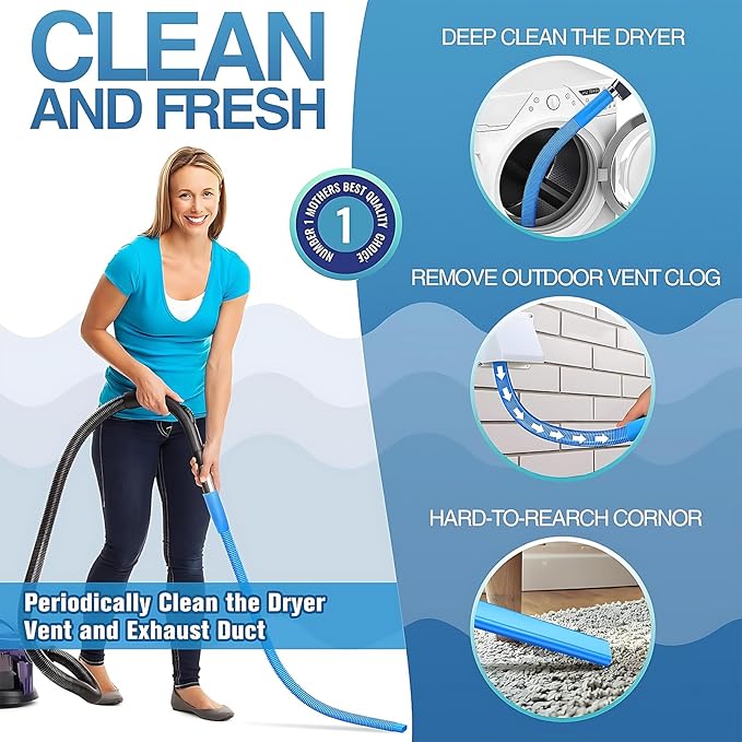 Dryer Vent Cleaner Kit: Vacuum Hose With Brush & Gloves Fits for Vacuums Cleaner, Refrigerator Condenser Coils, and Tight Spaces Behind Appliances, Deep Cleaning Tools for Clogged Ducts