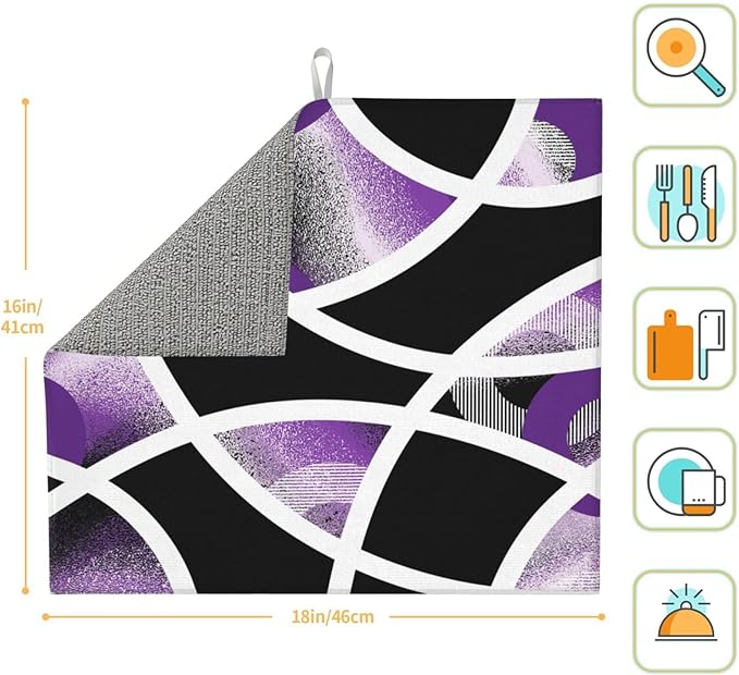 Purple Black White Geometric Abstract Dish Drying Mat for Kitchen Counter & Sink, Absorbent Microfiber Drying Pad for Dishes, Foldable Modern Art Kitchen Mat for Dining Area & Home Decor, 16" x 18"