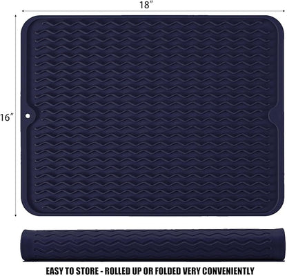 Silicone Dish Drying Mat for Multiple Usage, Easy clean, Eco-friendly, Heat-resistant Dish Drainer Mat for Kitchen Counter,Sink,Refrigerator or Drawer liner (18" x 16", Dark Blue)