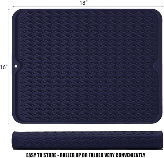 Silicone Dish Drying Mat for Multiple Usage, Easy clean, Eco-friendly, Heat-resistant Dish Drainer Mat for Kitchen Counter,Sink,Refrigerator or Drawer liner (18" x 16", Dark Blue)