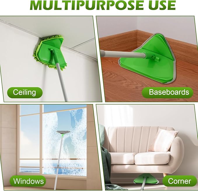 Wall Cleaner Triangle Mop with 82'' Long Handle - Wall Scrubber, Cleaning Washer Tool with 4 Microfiber Chenille Duster Pads for Clean Walls, Ceiling, Windows, Baseboards, Floors (Green)