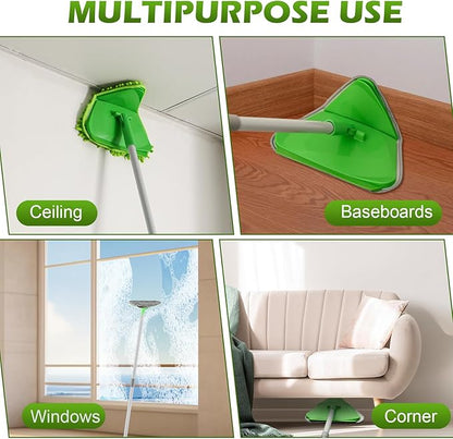 Wall Cleaner Triangle Mop with 82'' Long Handle - Wall Scrubber, Cleaning Washer Tool with 4 Microfiber Chenille Duster Pads for Clean Walls, Ceiling, Windows, Baseboards, Floors (Green)