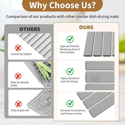 Stone Dish Drying Mat for Kitchen Counter,15.5''x11.8'' Foldable Quick Dry Stone Kitchen Mat,Eco-Friendly,Absorbent Diatomaceous Earth Mats for Dishes Bottles Cups Bathroom Any Countertop-Light Gray