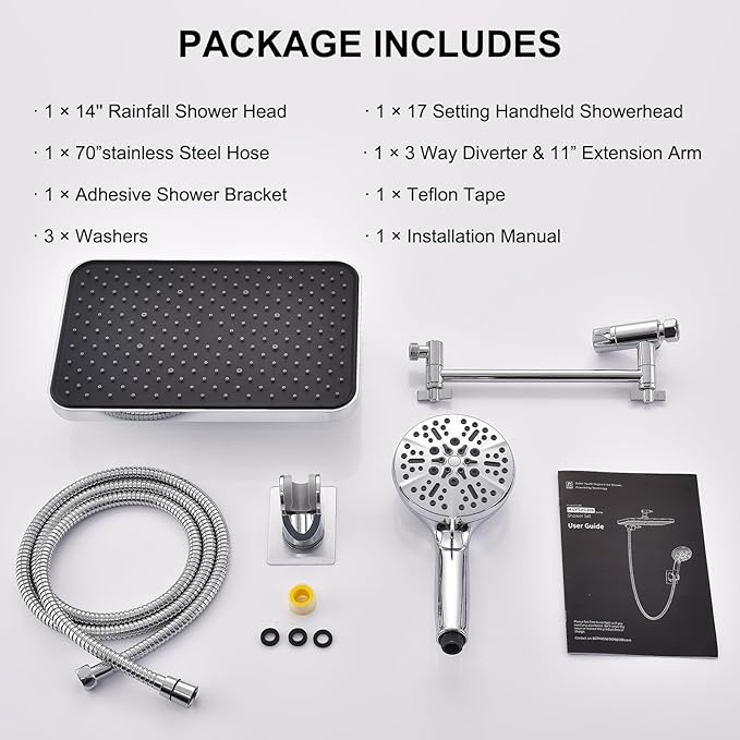 Handheld Shower Combo, 14 Inch Rainfall Shower Head and 8 Handheld Spray with Power Wash, Wide Square Shower Head for Full Body Coverage and Adjustable Extension Arm,Bath Upgrade CP,Chrome