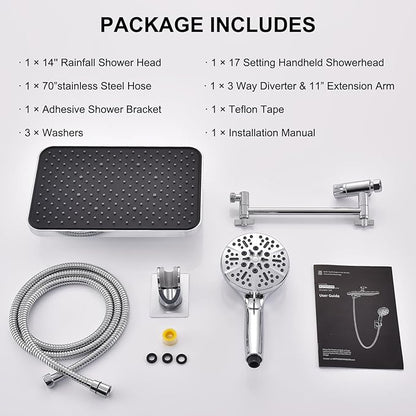 Handheld Shower Combo, 14 Inch Rainfall Shower Head and 8 Handheld Spray with Power Wash, Wide Square Shower Head for Full Body Coverage and Adjustable Extension Arm,Bath Upgrade CP,Chrome